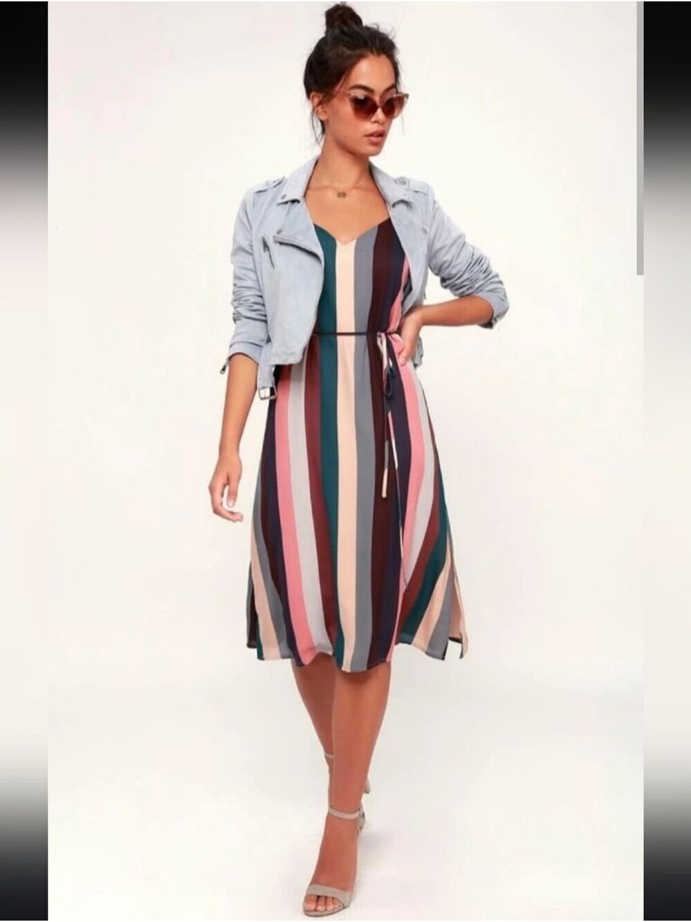 ​Lulus Erina Multi-Stripe Belted Midi Slip Dress Sz Small Adjustable Strap Vneck